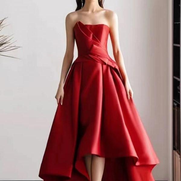  Sweetheart Neck Satin Prom Dress,Strapless Red Evening Dress High Low Party Dress