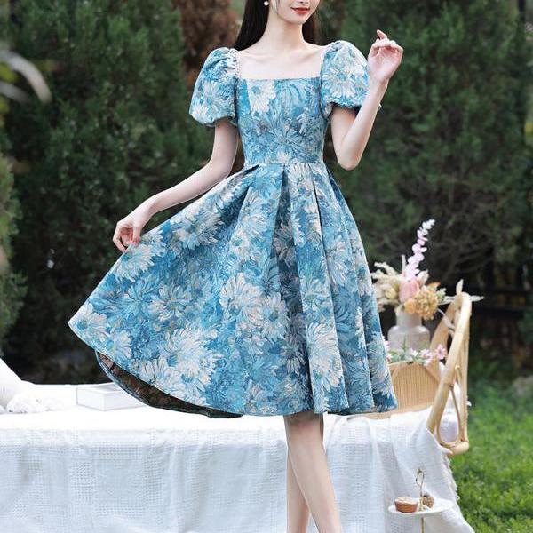 Blue oil painting vintage dress sweet 16 party dress, girls graduation dress