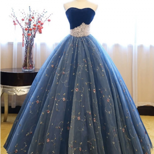  Sweetheart Neck Tulle Prom Dress,Strapless Blue Evening Dress Floral Ball Gown Dress
