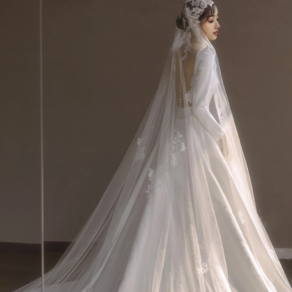 Long Sleeve Bridal Dresses, Pretty White Satin Wedding Dress illusion charming back wedding dress