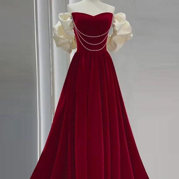 Burgundy Velvet Prom Dresses, Formal Off Shoulder Party Dress, Sweet Evening Gowns