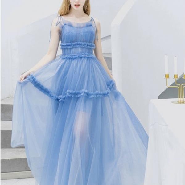 Spaghetti strap party dress blue prom dress cute princess birthday dress