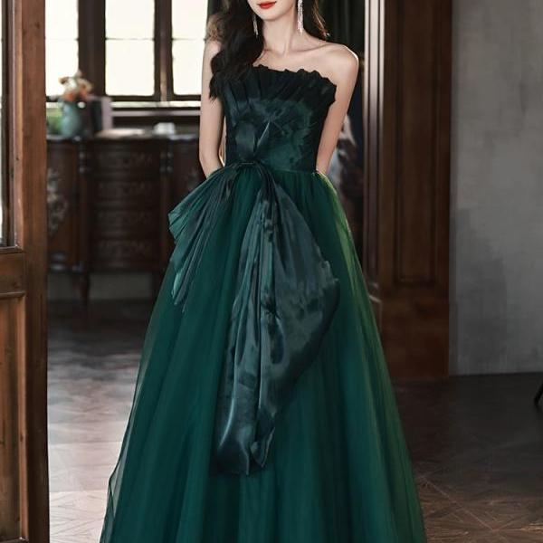 Strapless evening dress, light luxury prom dress, dark green noble party dress