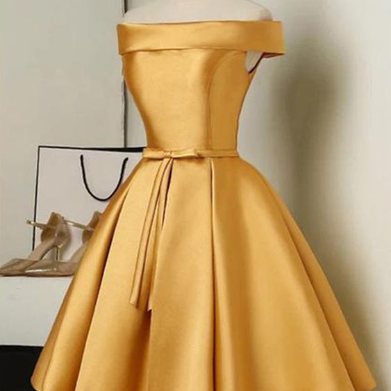  Simple Short Graduation Dress ,Yellow Off Shoulder Homecoming Dresses ,Satin Formal Party Gown ,Cute bithday dress
