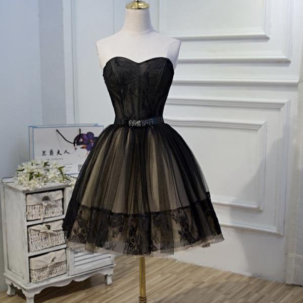  Black Tulle And Champagne Short Party Dress Strapless Evening Dress Cute Formal Dress With Belt