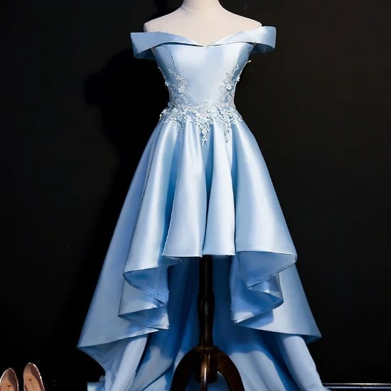 Light Blue Satin With Lace Applique High Low Homecoming Dress, Blue Short Off Shoulder Formal Dress 