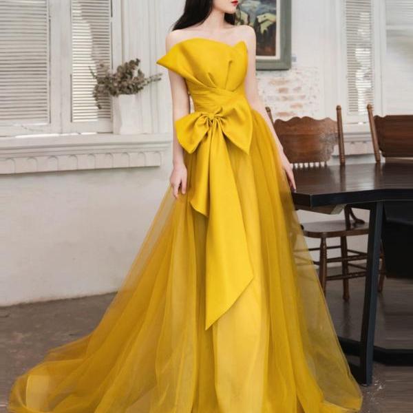 Unique strapless yellow prom dress, bright evening dress, chic party dress