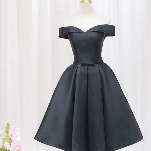 Cute Satin A-line Short Homecoming Dress , Off Shoulder Lace-up Formal Dress,Little Black Dress