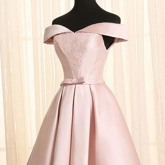 Cute Satin A-line Short Homecoming Dress ,Off Shoulder Lace-up Formal Dress,Pink Birthday Dress