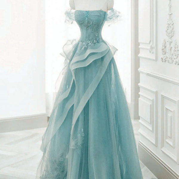 Off Shoulder Lace-up Formal Dress,Blue Birthday Dress Pretty Prom Dress