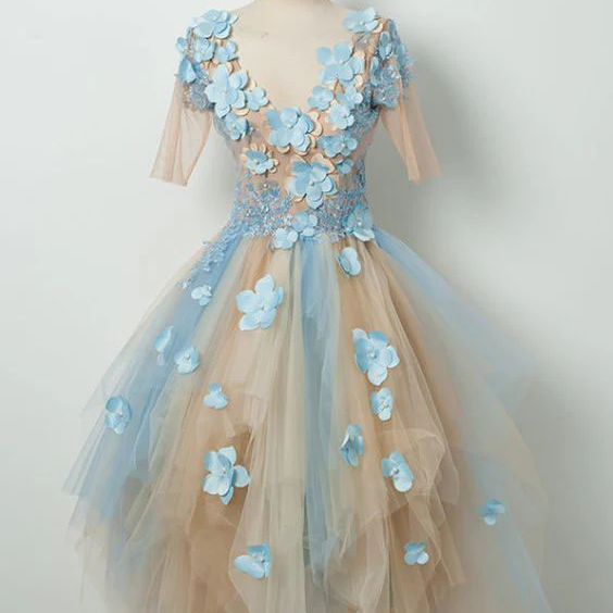 V-neck prom dress fairy light blue party dress charming floral homecoming dress