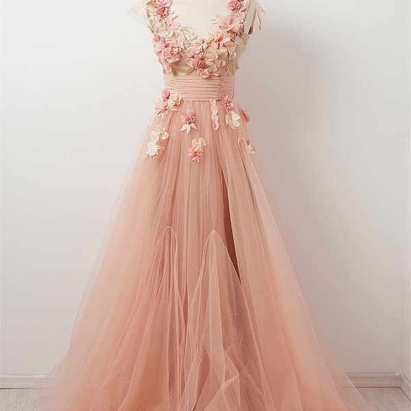 V-neck prom dress fairy pink party dress floral evening dress