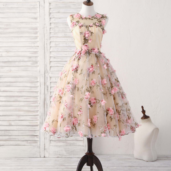 O-neck prom dress cute pink party dress floral homecoming dress