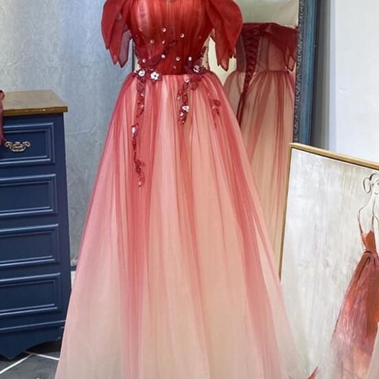 Off shoulder prom dress red party dress charming gradient evening dress