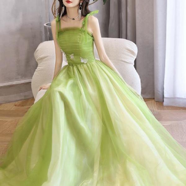 Fresh party dress,spaghetti strap prom dress, fairy green tulle evening dress