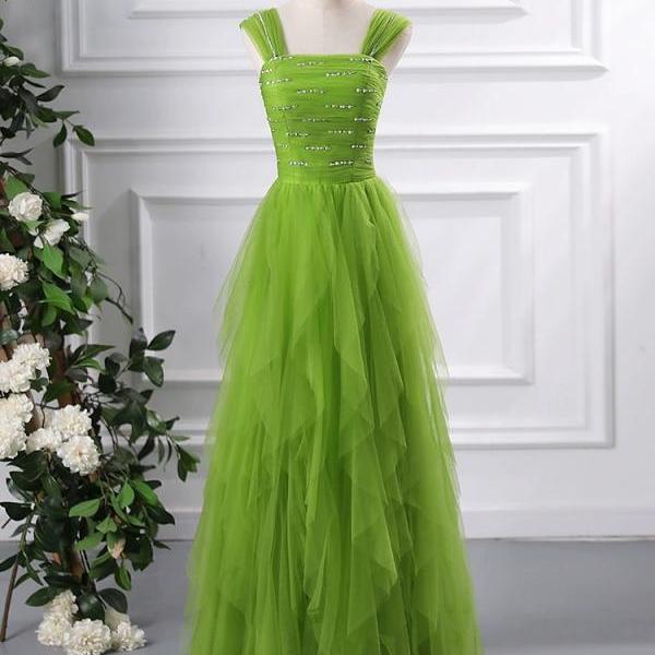 Fresh party dress, spaghetti strap prom dress, fairy green tulle graduation dress