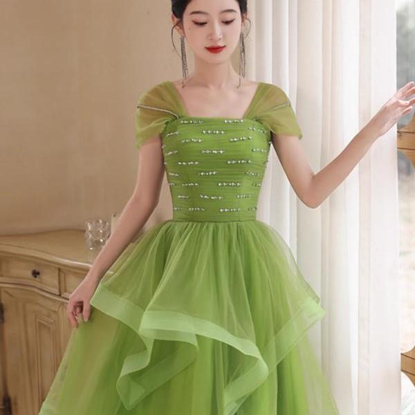 Fresh party dress,off shoulder homecoming dress, fairy green tulle graduation dress