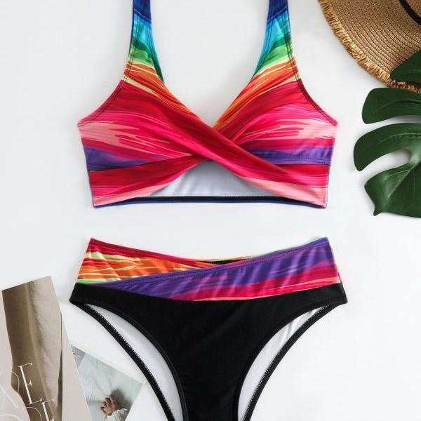 Rainbow Print Halter Swimsuit, rainbow Bikini, printed rainbow sexy bikini ,two piece swimsuit