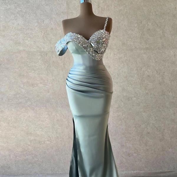 Luxurious one shoulder satin evening gown with draped detail and floor-length skirt main image 0