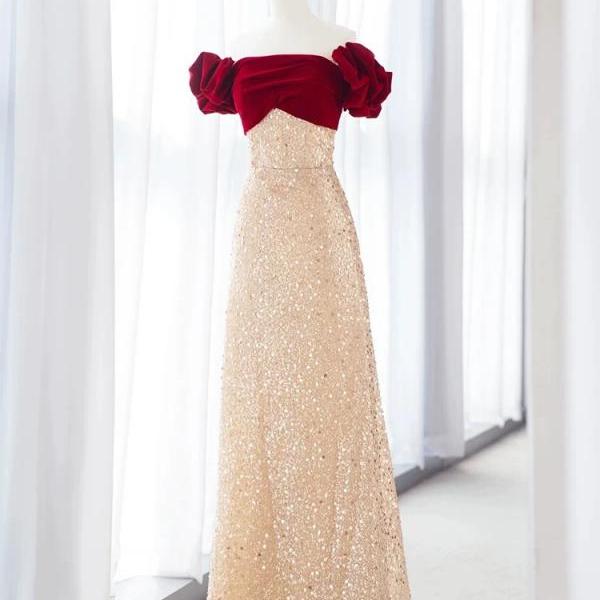 Off Shoulder Burgundy Prom Dresses, Long Graduation Evening Dress With Pockets PO416