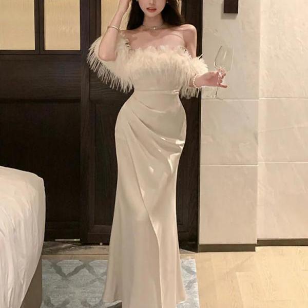 Feather Trim Ruched Gown