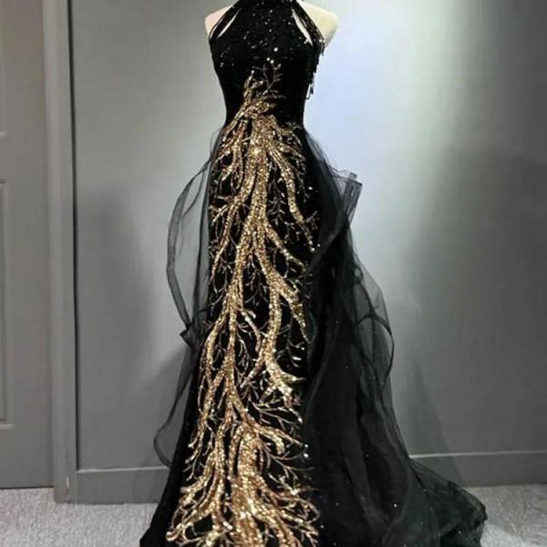 black dress with gold embroidery Luxurious Gown Leaf on Luulla Size:US 40 sixties mood perfectly MARCH Custom Made A Line