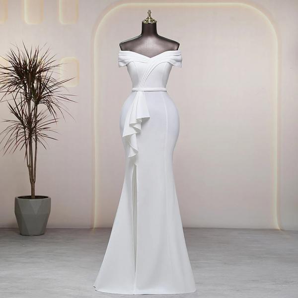 Elegant White Ruffles Prom Dress Off-the-shoulder Evening Gown Party Dress Long Formal Dress DP6796