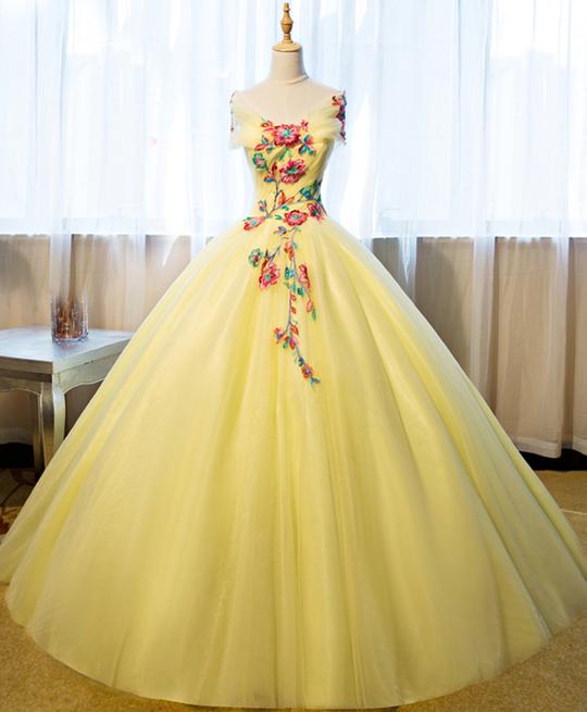 Yellow Gown, Shoulder Gown, Floral Gown.lovely Dress, Long Dress, Big ...
