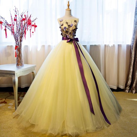 Round Neck Dress, Flower Dress, Long Style Dress, Party Dress, Yellow