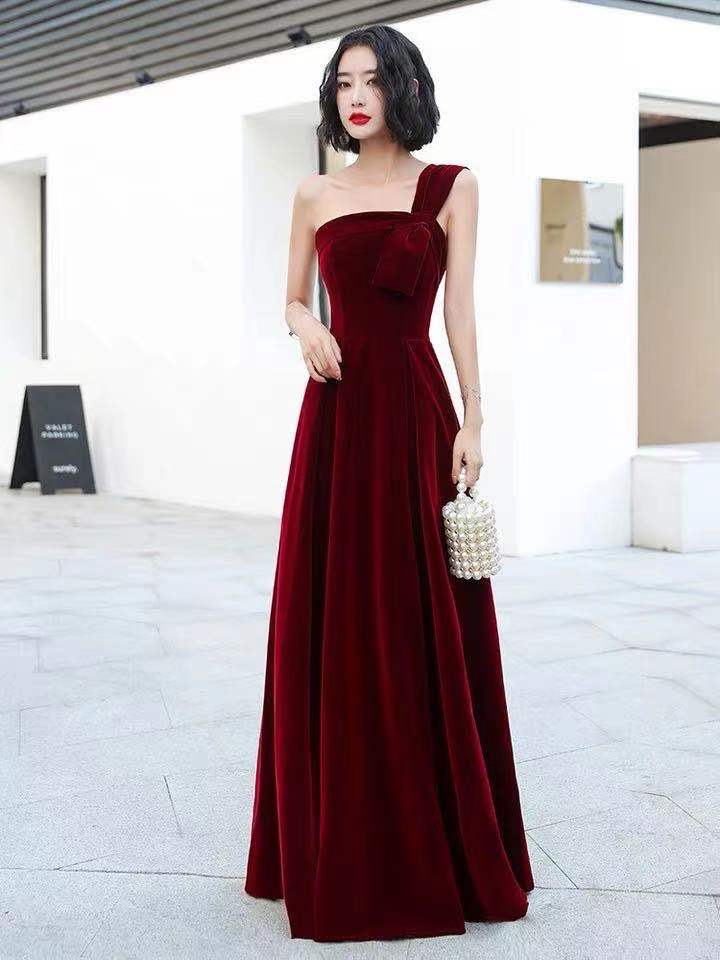Wine Red Party Dress,one Shoulder Evening Dress ,velvet Long Prom Dress