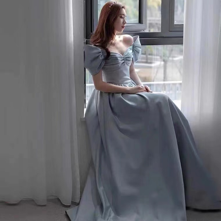 Stretch Satin Duchesse One Shoulder Evening Dress in Blue