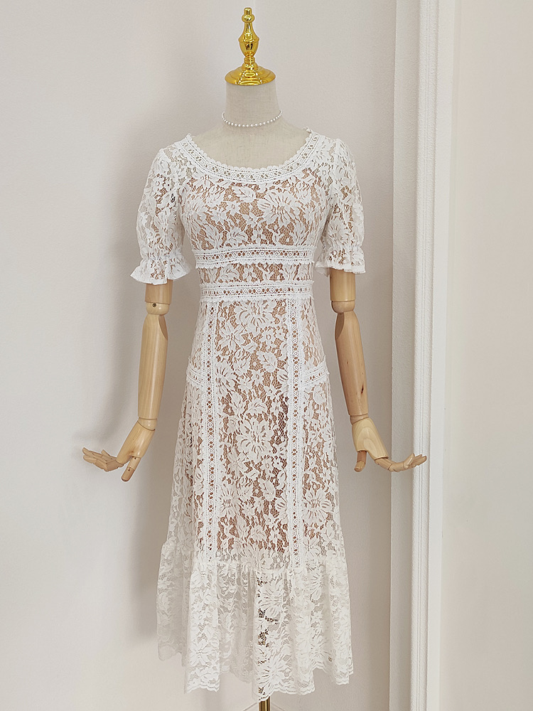 Lace Mesh Embroidered Bubble Sleeve Dress Lady