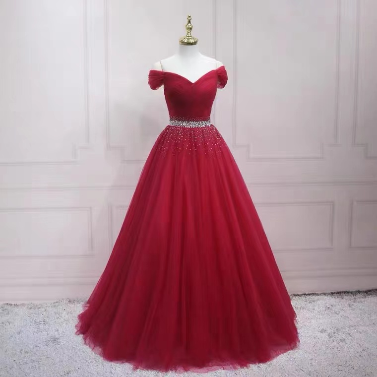 Off Shoulder Prom Dress,red Party Dress ,tulle Ball Gown With Bead ...