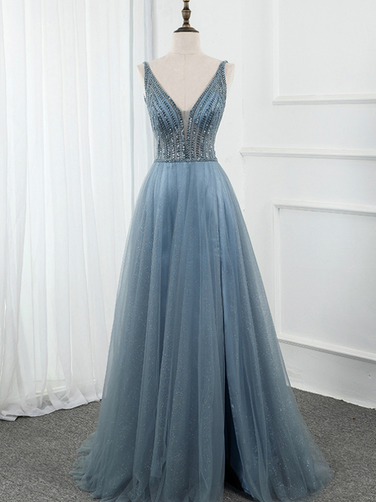 Blue Tulle Party Dress,Deep V-neck Backless Beading Sequins Prom Dress ...