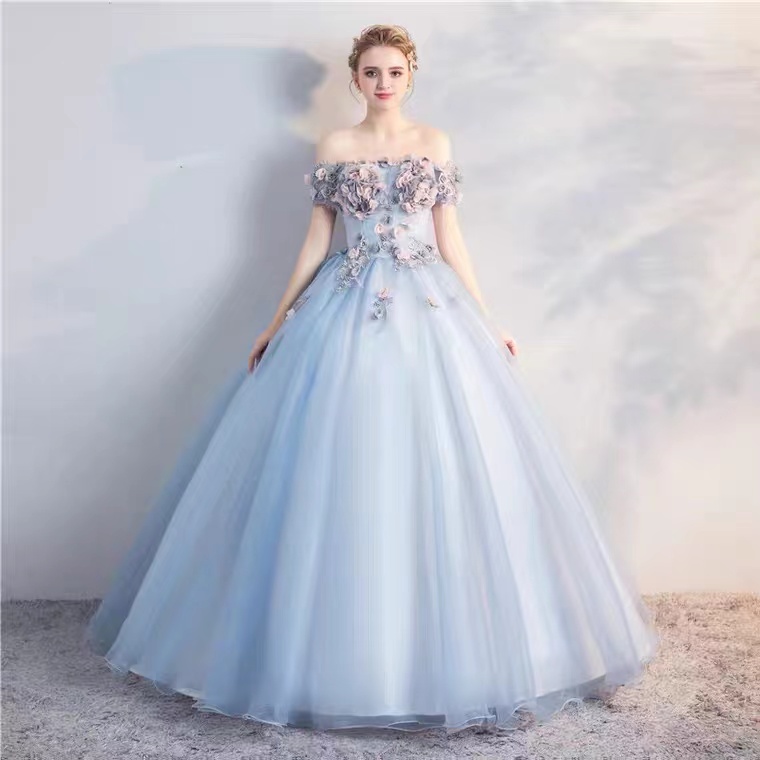 Blue Pompous Dress, Off-the-shoulder Prom Gown With Applique,custom ...