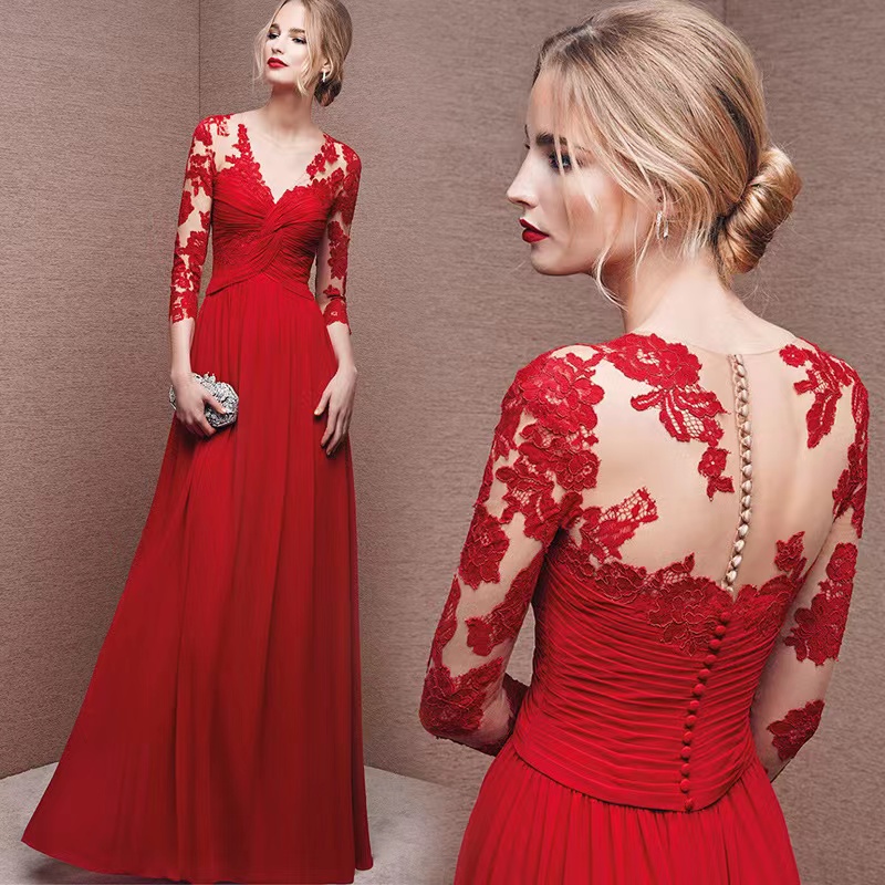 Fashionable, Long-sleeve Red Dress, V-neck Wedding Dress, Long Lace ...