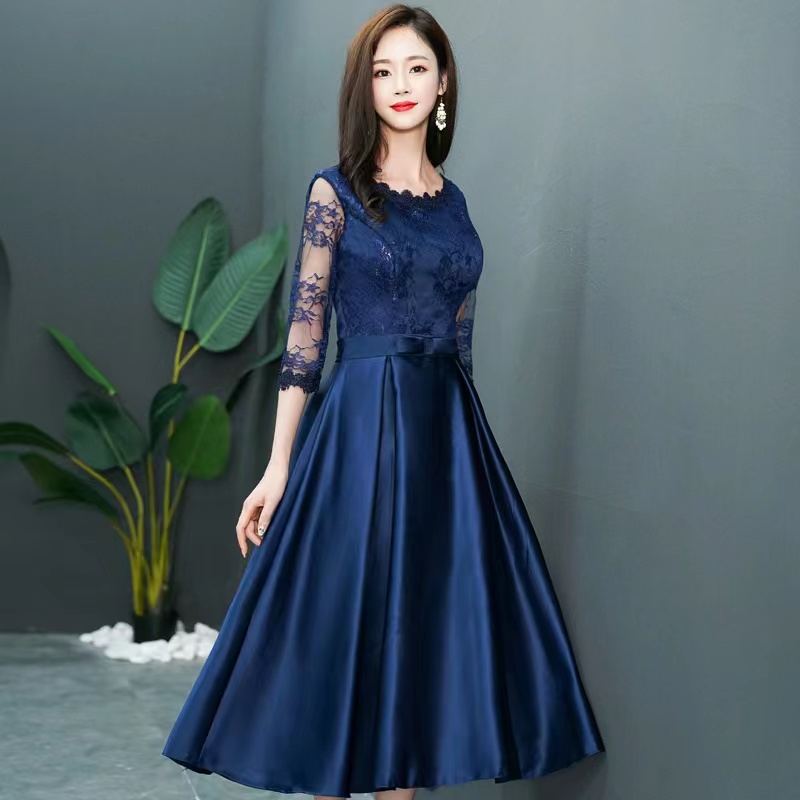 Navy Evening Dress, Mid - Length Party Dress, Lace Long - Sleeve Formal ...