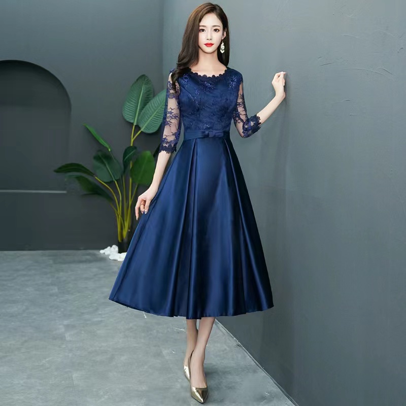 Navy Evening Dress, Mid - Length Party Dress, Lace Long - Sleeve Formal ...