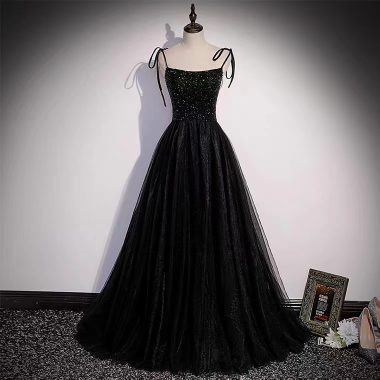 Spaghetti Strap Prom Gown, Black Party Dress,beaded Graduation Dress ...