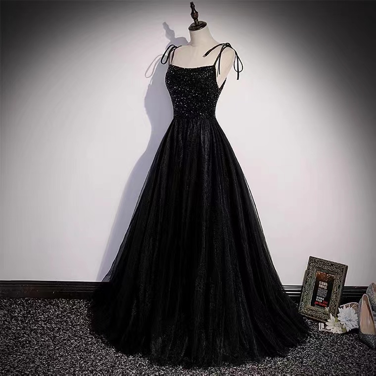 Spaghetti Strap Prom Gown, Black Party Dress,beaded Graduation Dress ...