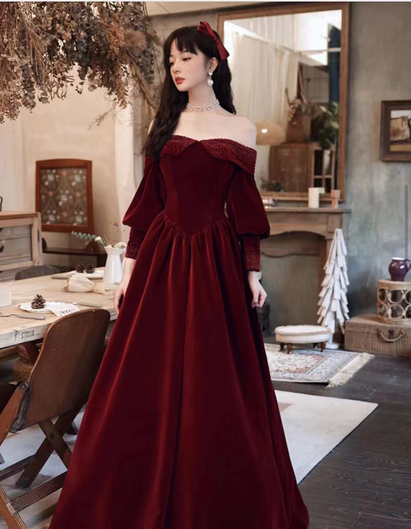 Off Shoulder Prom Dress, Chic Red Evening Dress,long Sleeve Party Dress ...