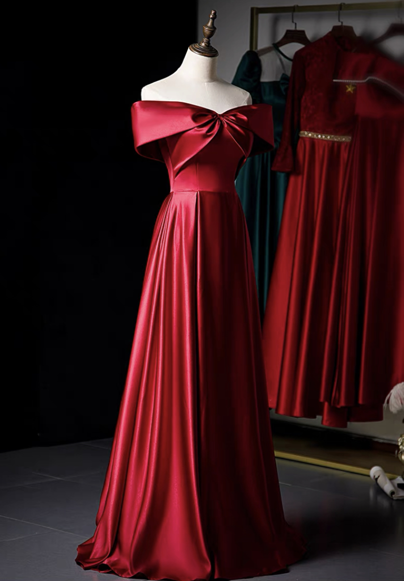 Red Evening Dress, Charming Party Dress, Off-shoulder Satin Prom Dress ...