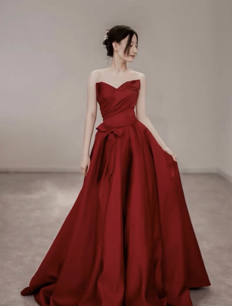 Burgundy Evening Dress, Chic Party Dress, Strapless Prom Dress,satin Formal Dress,custom Made on