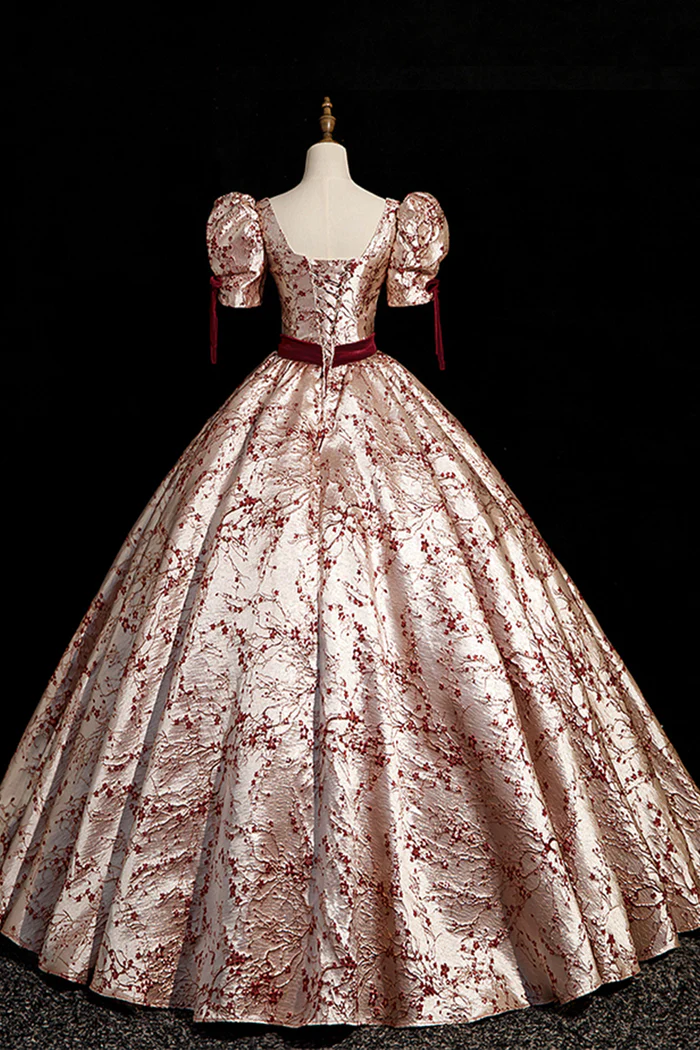 Stylish Floor-Length Printing Prom Dresses, A-Line Short Sleeve Backless Evening Formal Dresses main image 0