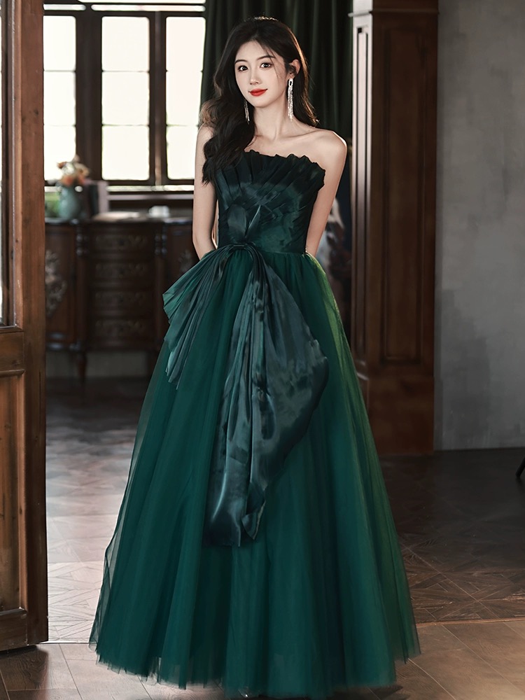 Strapless Evening Dress, Light Luxury Prom Dress, Dark Green Noble ...