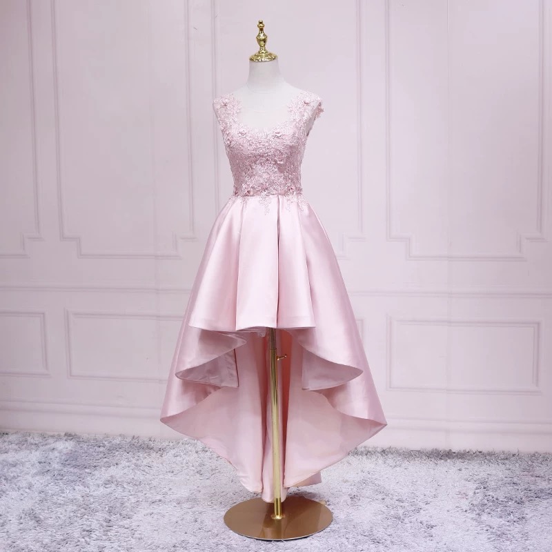 Beautiful Pink High Low Lace Cute Party Dress, Homecoming Dress main image 1