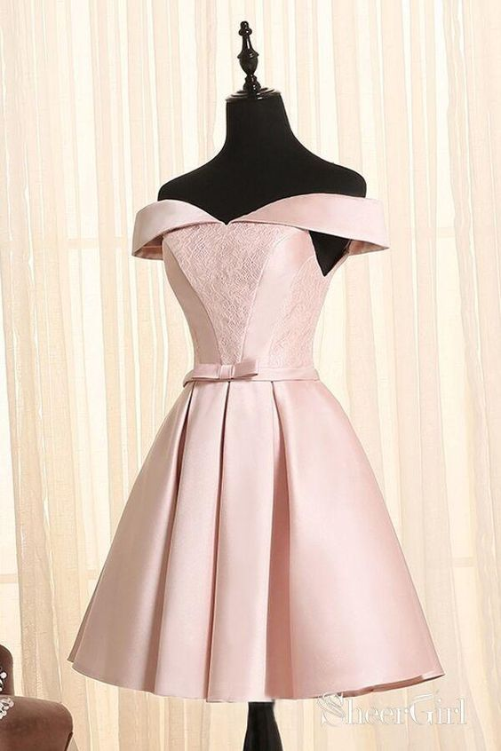 Lovely Satin Pink A Line Off Shoulder Homecoming Dresses, Cute Prom Dresses with Lace-up