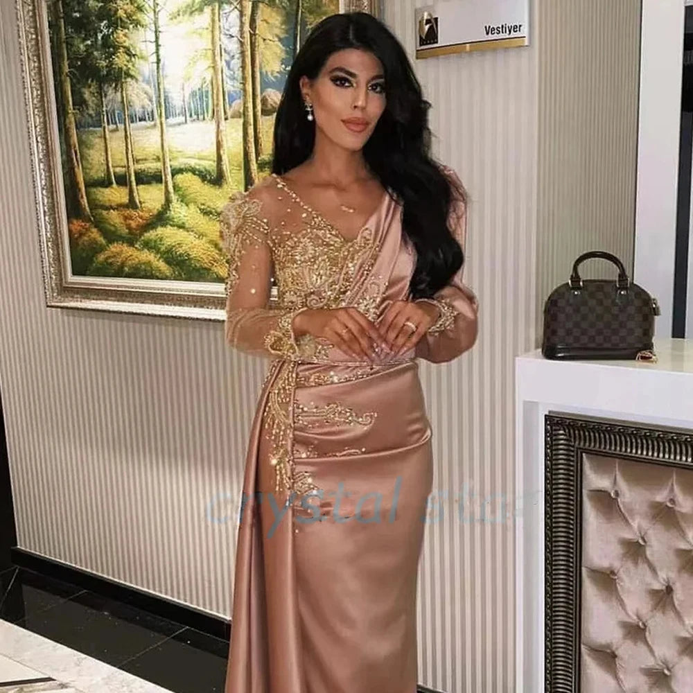 A-line One Shoulder Long Satin Gown with Pocket Gold