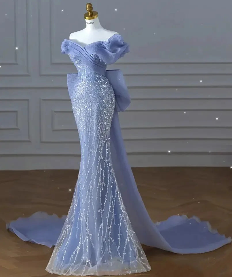 Elegant Blue Sequin Off-shoulder Evening Gown on Luulla
