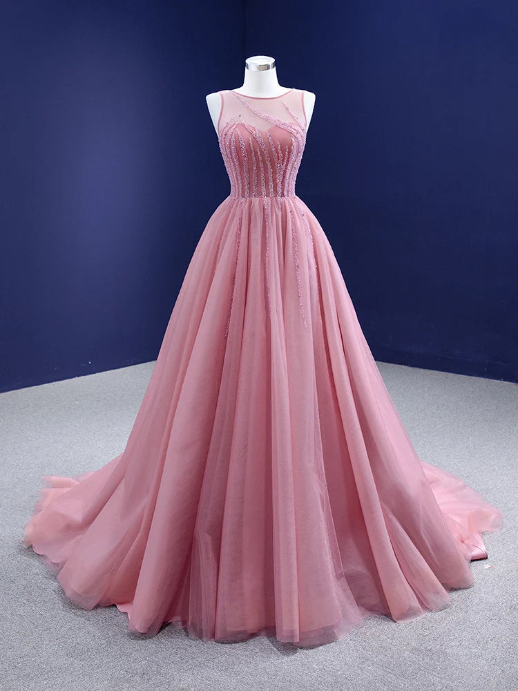 Luxurious Ball Gown Strapless Pink Tulle Long Prom Dress P1720 main image 1